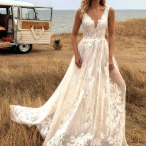 Backless Wedding Dresses A-line V-neck Tulle Appliques Lace Boho Wedding Gown Bridal Dress Vestido De Noiva Customized