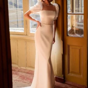 Elegant Mermaid Satin Wedding Gowns Square Neck Short Puffy Sleeves Wedding Dresses Simple Pearls Beading Bridal Gowns Robes