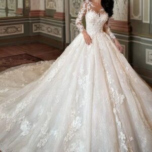 Luxury Wedding Dress Embroidered Lace On Net With Princess Ball Gown O-Neck Full Sleeve Lace Up Vestido De Novia Customized Chic