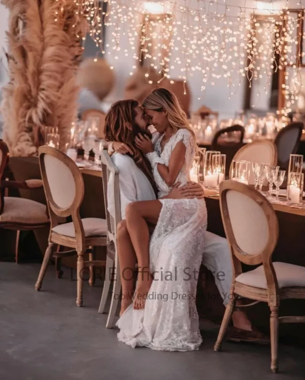 LORIE Bohemian Wedding Dresses Lace V-Neck Wedding Gown Boho Beach Bridal Dress Long Sleeve Open Back Customized  vestido novia - immagine 2