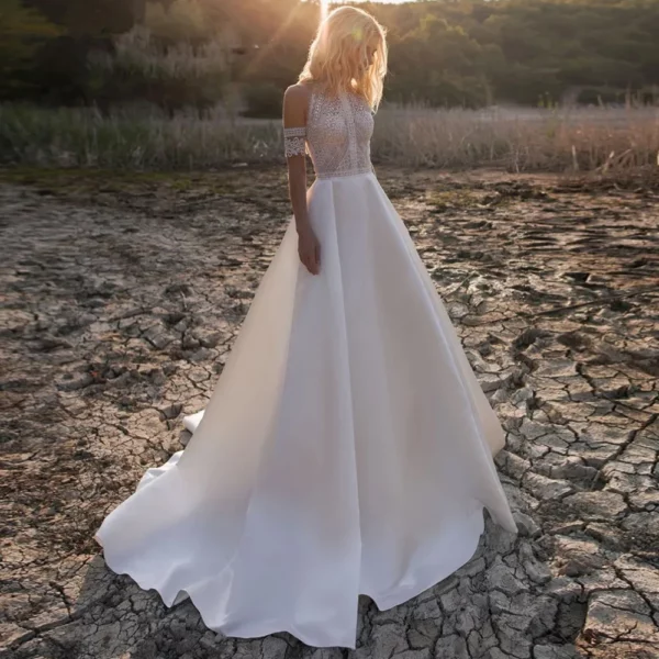 DREAM Customized Satin Bohemian Wedding Dress For Brides 2025 Off The Shoulder Lace Halter Bridal Gown With Detachable Sleeves - immagine 2