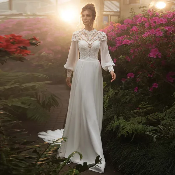 DREAM Customized Chiffon Long Puffy Sleeves Boho Wedding Dresses 2025 High Neck Lace Appliques Muslim Bridal Gown Vintage Dress - immagine 6