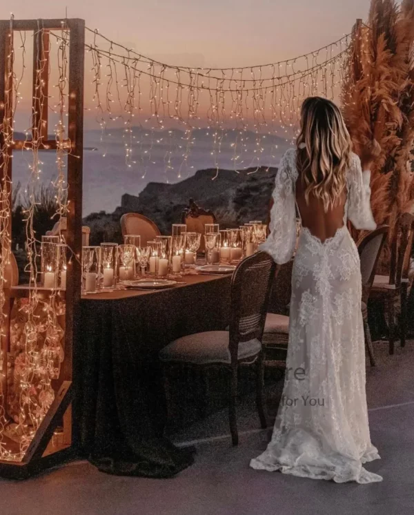 LORIE Bohemian Wedding Dresses Lace V-Neck Wedding Gown Boho Beach Bridal Dress Long Sleeve Open Back Customized  vestido novia - immagine 3