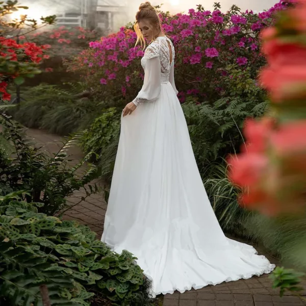 DREAM Customized Chiffon Long Puffy Sleeves Boho Wedding Dresses 2025 High Neck Lace Appliques Muslim Bridal Gown Vintage Dress - immagine 2