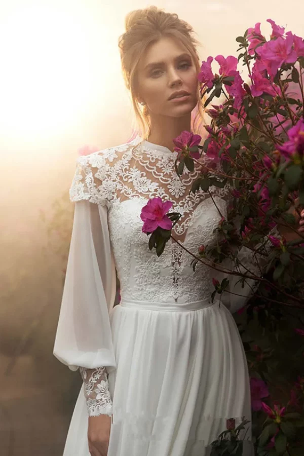 DREAM Customized Chiffon Long Puffy Sleeves Boho Wedding Dresses 2025 High Neck Lace Appliques Muslim Bridal Gown Vintage Dress - immagine 4