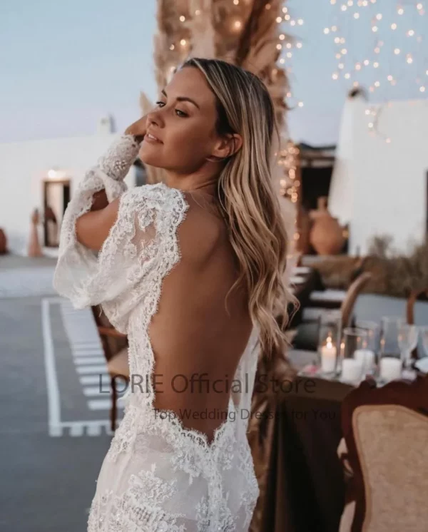 LORIE Bohemian Wedding Dresses Lace V-Neck Wedding Gown Boho Beach Bridal Dress Long Sleeve Open Back Customized  vestido novia - immagine 4