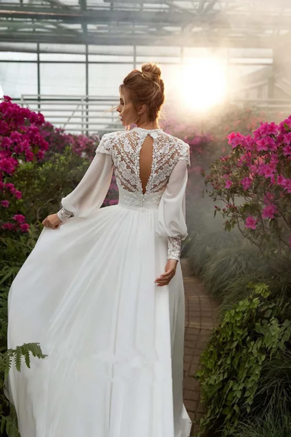 DREAM Customized Chiffon Long Puffy Sleeves Boho Wedding Dresses 2025 High Neck Lace Appliques Muslim Bridal Gown Vintage Dress - immagine 3