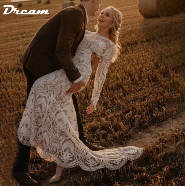 DREAM Customized Boho Long Sleeves Lace Mermaid Wedding Dress 2025 Open Back Vintage Rustic Beach Bride Gown Bohemian Dresses - immagine 2