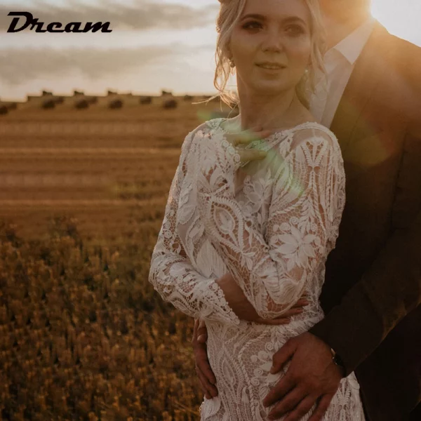 DREAM Customized Boho Long Sleeves Lace Mermaid Wedding Dress 2025 Open Back Vintage Rustic Beach Bride Gown Bohemian Dresses - immagine 6