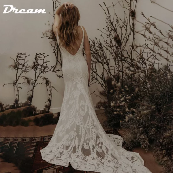 DREAM Customized Elegant Long V Neck Sleeveless Boho Mermaid Wedding Dress 2025 Lace Open Back Sweep Train Bridal Gown - immagine 2