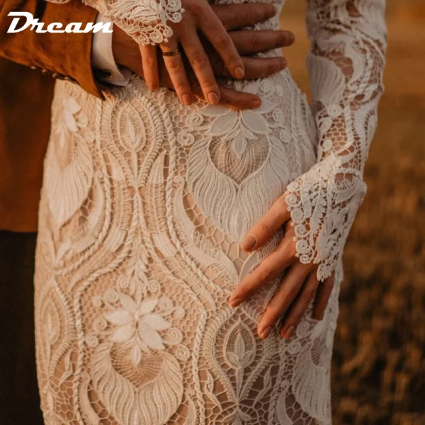 DREAM Customized Boho Long Sleeves Lace Mermaid Wedding Dress 2025 Open Back Vintage Rustic Beach Bride Gown Bohemian Dresses - immagine 5