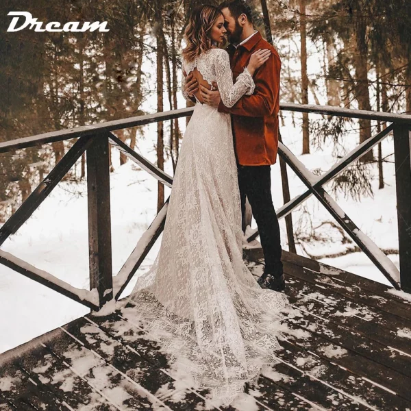 DREAM Customized Long Sleeves Floral Lace V Neck Boho Wedding Dress Deep V Neck Open Back Modest Rustic Civil Bridal Gown 2025 - immagine 6