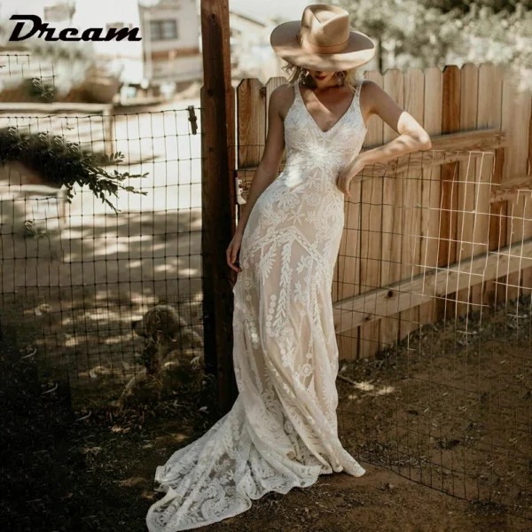 DREAM Customized Elegant Long V Neck Sleeveless Boho Mermaid Wedding Dress 2025 Lace Open Back Sweep Train Bridal Gown - immagine 3