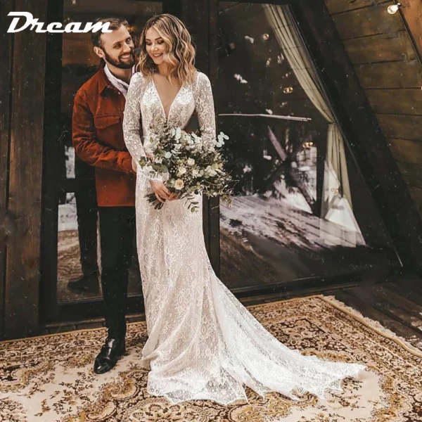 DREAM Customized Long Sleeves Floral Lace V Neck Boho Wedding Dress Deep V Neck Open Back Modest Rustic Civil Bridal Gown 2025 - immagine 2