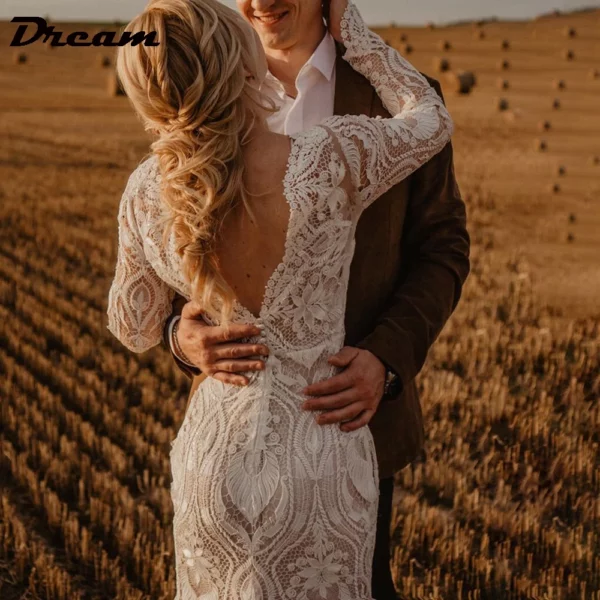 DREAM Customized Boho Long Sleeves Lace Mermaid Wedding Dress 2025 Open Back Vintage Rustic Beach Bride Gown Bohemian Dresses - immagine 3