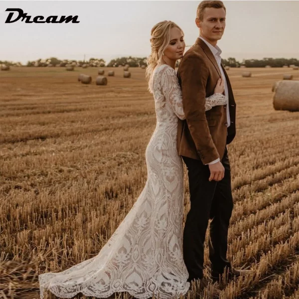 DREAM Customized Boho Long Sleeves Lace Mermaid Wedding Dress 2025 Open Back Vintage Rustic Beach Bride Gown Bohemian Dresses - immagine 4