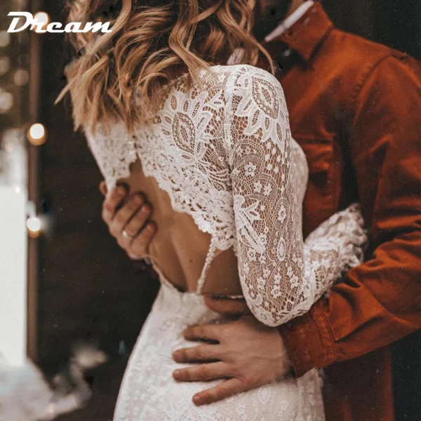DREAM Customized Long Sleeves Floral Lace V Neck Boho Wedding Dress Deep V Neck Open Back Modest Rustic Civil Bridal Gown 2025 - immagine 5