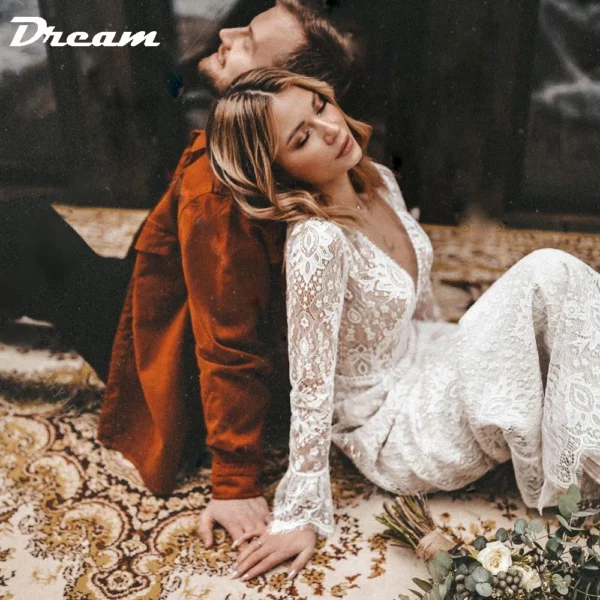 DREAM Customized Long Sleeves Floral Lace V Neck Boho Wedding Dress Deep V Neck Open Back Modest Rustic Civil Bridal Gown 2025 - immagine 4