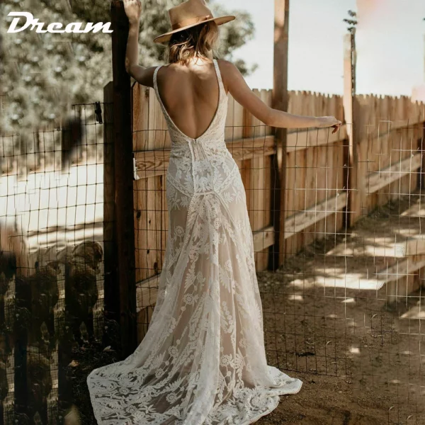 DREAM Customized Elegant Long V Neck Sleeveless Boho Mermaid Wedding Dress 2025 Lace Open Back Sweep Train Bridal Gown - immagine 4