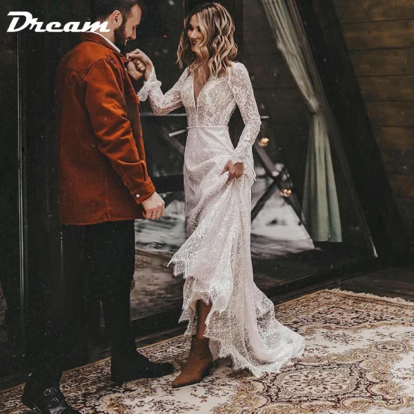 DREAM Customized Long Sleeves Floral Lace V Neck Boho Wedding Dress Deep V Neck Open Back Modest Rustic Civil Bridal Gown 2025 - immagine 3