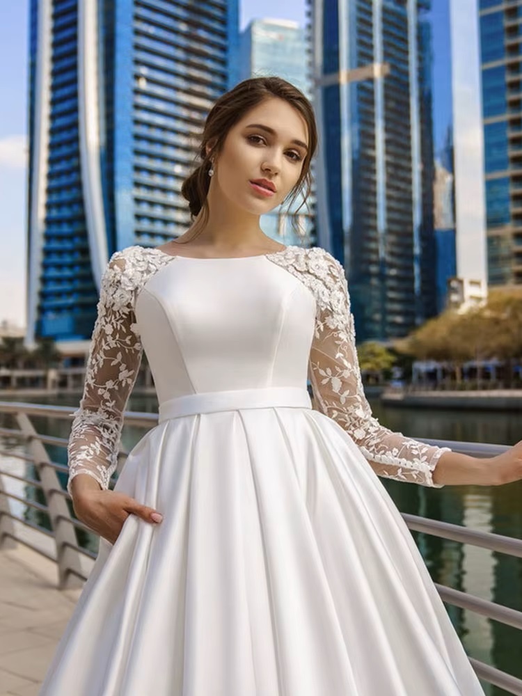 SoDigne Dubai Modest Wedding Dresses Lace Long Sleeve Satin Bride Dress With Belt Women Elegant Wedding Party Gowns Customized 3 SoDigne Dubai Modest Wedding Dresses Lace Long Sleeve Satin Bride Dress With Belt Women Elegant Wedding Party Gowns Customized - immagine 3