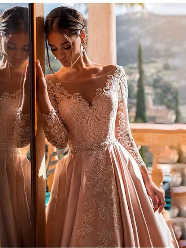 SoDigne Satin Wedding Dress Lace Appliques V-Neck A-Line Long Sleeves Princess Bridal Dress Elegant Wedding Gowns Customized 3 SoDigne Satin Wedding Dress Lace Appliques V-Neck A-Line Long Sleeves Princess Bridal Dress Elegant Wedding Gowns Customized - immagine 3