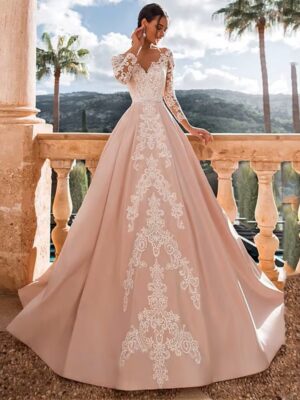 SoDigne Satin Wedding Dress Lace Appliques V-Neck A-Line Long Sleeves Princess Bridal Dress Elegant Wedding Gowns Customized