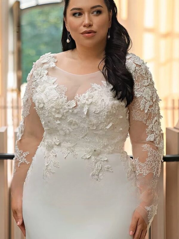 Customized Wedding Dresses Plus Size O Neck Illusion Long Sleeves Bride Gowns Appliques Floor Length Mermaid Vestido De Noiva - immagine 3