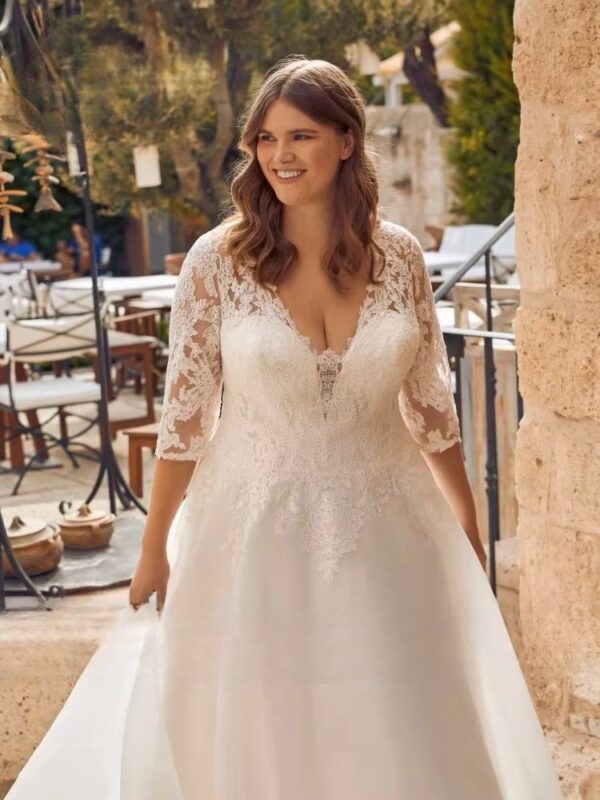 Classic Wedding Dresses Plus Size V-Neck 3/4 Sleeves Bride Gowns Appliques Sweep Train A-Line Organza Vestido De Noiva Ballgown - immagine 3