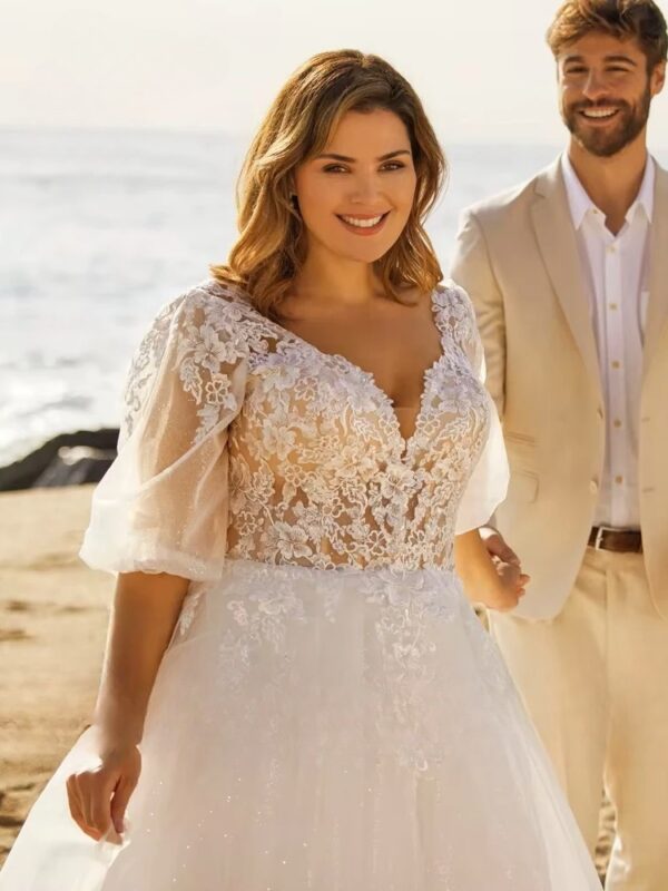 Beach Wedding Dresses Plus Size V Neck Puff Illusion Sleeves Bride Gowns Appliques Floor Length A-Line Tulle Vestido PSL980026 - immagine 3