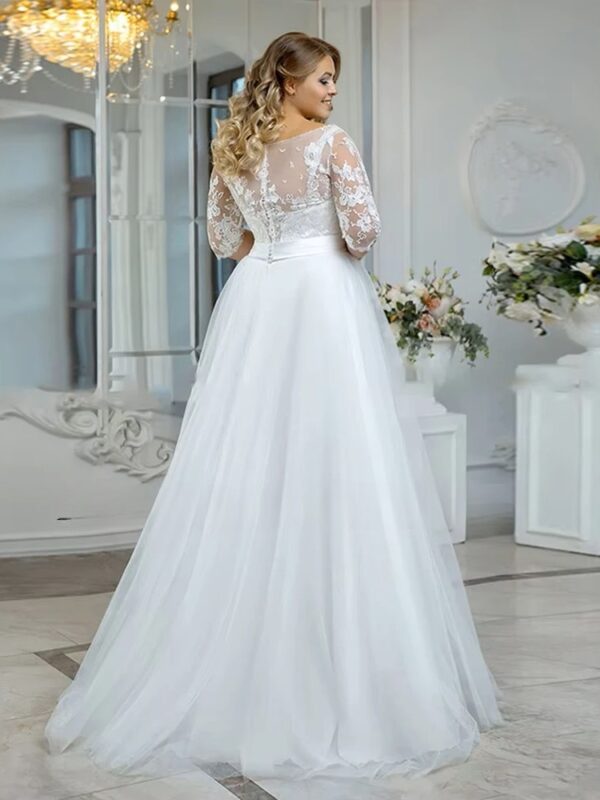 Vintage O-Neck Wedding Dresses Plus Size 3/4 Sleeves Bride Gowns Back Button Appliques A-Line Floor Length Tulle Robe De Mariée - immagine 2
