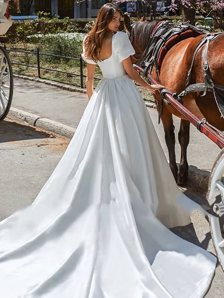 SoDigne Boho Satin A-Line Wedding Dress 2022 Elegant Short Puff Sleeves Square Neck Women Princess Bridal Gown Customized 2 SoDigne Boho Satin A-Line Wedding Dress 2022 Elegant Short Puff Sleeves Square Neck Women Princess Bridal Gown Customized - immagine 2