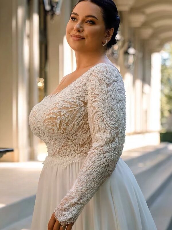 Customized Chiffon Wedding Dresses Plus Size O Neck One Shoulder Bride Gowns Applique Floor Length Front Slit A-Line Robe De - immagine 3