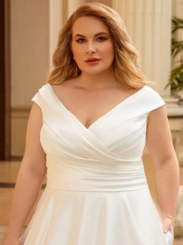 Elegant Wedding Dress For Women Plus Size Satin V-Neck Off The Shoulder Bride Gown Lace Up Sweep Train A-Line Robe De Mariée - immagine 3