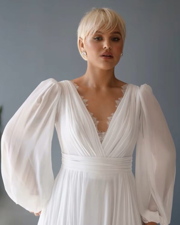 Customized Plus Size Wedding Dresses with Chiffon V Neck Full Sleeve Bridal Gowns for Women New Summer Vestido De Novia New - immagine 3