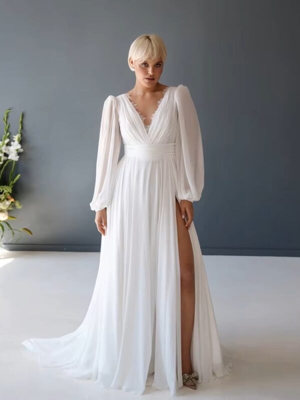 Customized Plus Size Wedding Dresses with Chiffon V Neck Full Sleeve Bridal Gowns for Women New Summer Vestido De Novia New