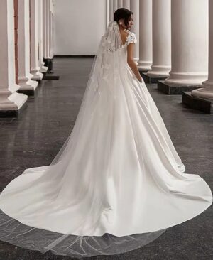 SoDigne Satin Wedding Dress For Women Elegant Cap Sleeves Scoop Neck Flowers Women A-Line Bridal Gown With Pockets Customized 4 S3eafe62d871041d7b1fd07522b3b82a1D Cropped