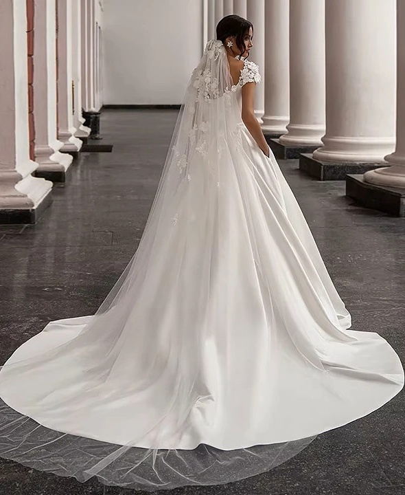 SoDigne Satin Wedding Dress For Women Elegant Cap Sleeves Scoop Neck Flowers Women A-Line Bridal Gown With Pockets Customized 2 SoDigne Satin Wedding Dress For Women Elegant Cap Sleeves Scoop Neck Flowers Women A-Line Bridal Gown With Pockets Customized - immagine 2