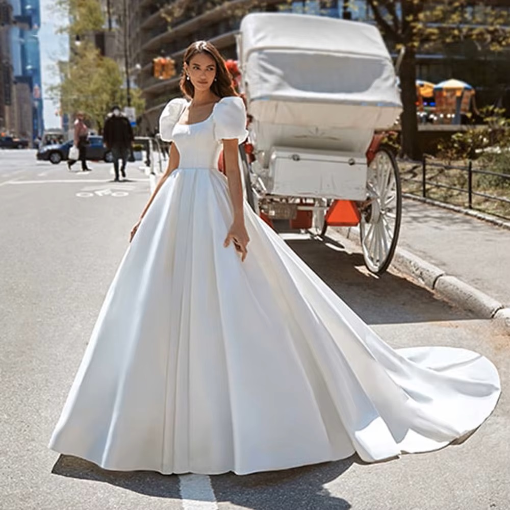 SoDigne Boho Satin A-Line Wedding Dress 2022 Elegant Short Puff Sleeves Square Neck Women Princess Bridal Gown Customized 3 SoDigne Boho Satin A-Line Wedding Dress 2022 Elegant Short Puff Sleeves Square Neck Women Princess Bridal Gown Customized - immagine 3