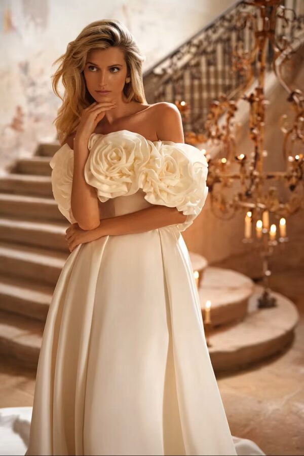 SoDigne Off Shoulder 3D Flower Wedding Dresses A-line Sleeveless Simple Satin Bridal Dress 2025 Long Wedding Gown Robe De Mairee - immagine 3