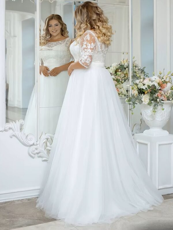 Vintage O-Neck Wedding Dresses Plus Size 3/4 Sleeves Bride Gowns Back Button Appliques A-Line Floor Length Tulle Robe De Mariée - immagine 3