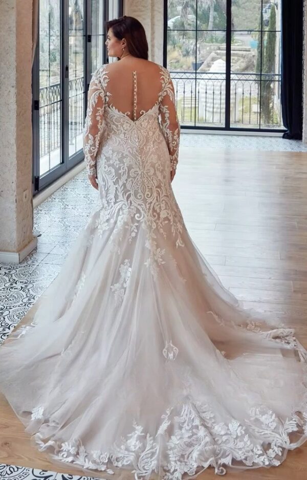 Mermaid Wedding Dresses Plus Size V Neck Long Sleeves Bride Gowns Lace Appliques Sweep Train Tulle Vestido De Noiva PSL98003 - immagine 2