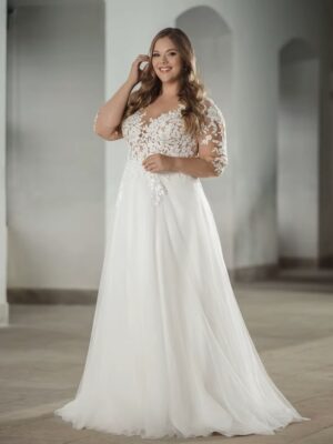 Classic Wedding Dresses Plus Size V Neck Half Sleeves Bride Gowns Tulle Lace Appliques A-Line Sweep Train Robe De PSL980010