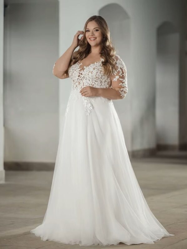 Classic Wedding Dresses Plus Size V Neck Half Sleeves Bride Gowns Tulle Lace Appliques A-Line Sweep Train Robe De PSL980010