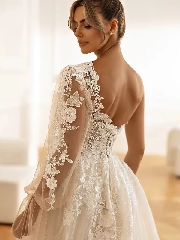 SoDigne A-line Tulle Appliques Wedding Dresses One Shloudler Split Bridal Dress Long Wedding Gown Robe De Mairee Customized  3 SoDigne A-line Tulle Appliques Wedding Dresses One Shloudler Split Bridal Dress Long Wedding Gown Robe De Mairee Customized  - immagine 3
