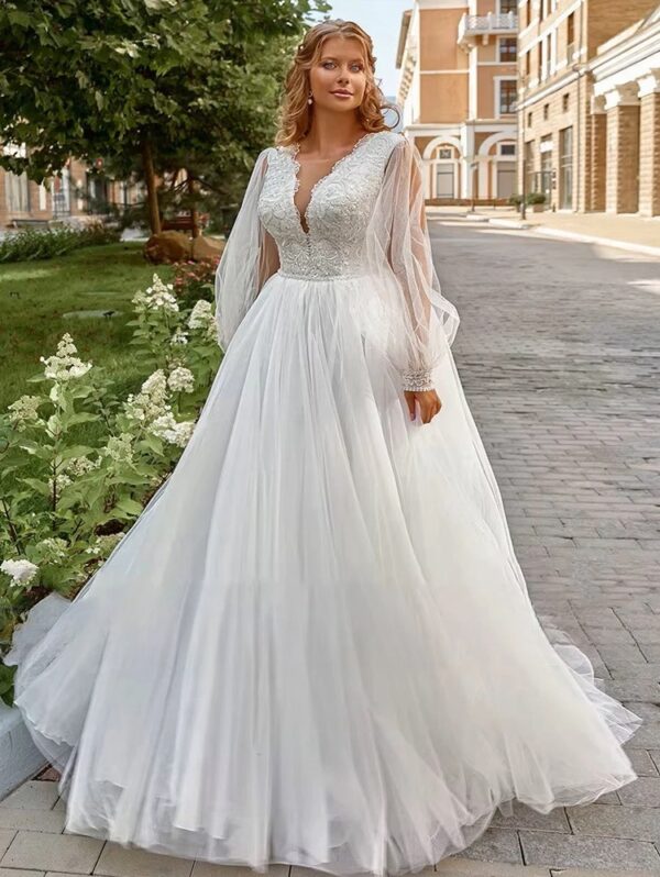 Pastroal Plus Size Wedding Dresses For Bride V-Neck Puff Sleeves Bride Gown Lace Applique Sweep Train A-Line Robe De Mariée - immagine 3