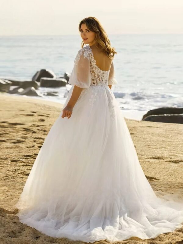 Beach Wedding Dresses Plus Size V Neck Puff Illusion Sleeves Bride Gowns Appliques Floor Length A-Line Tulle Vestido PSL980026 - immagine 2