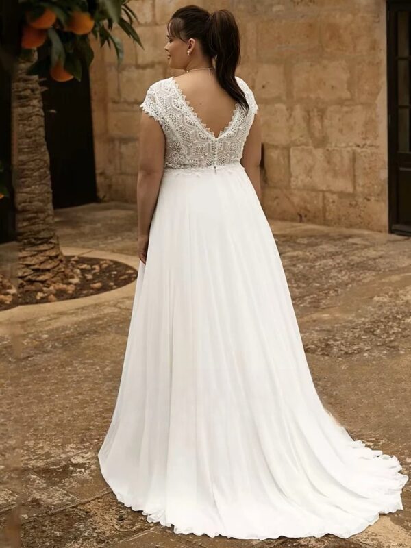 Customized Lace Wedding Dresses Plus Size V Neck Short Sleeves Backless Bride Gowns Sweep Train A-Line Chiffon Vestido De Noiva - immagine 2