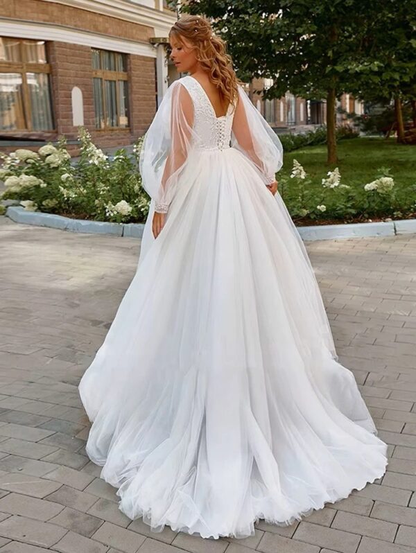 Pastroal Plus Size Wedding Dresses For Bride V-Neck Puff Sleeves Bride Gown Lace Applique Sweep Train A-Line Robe De Mariée - immagine 2