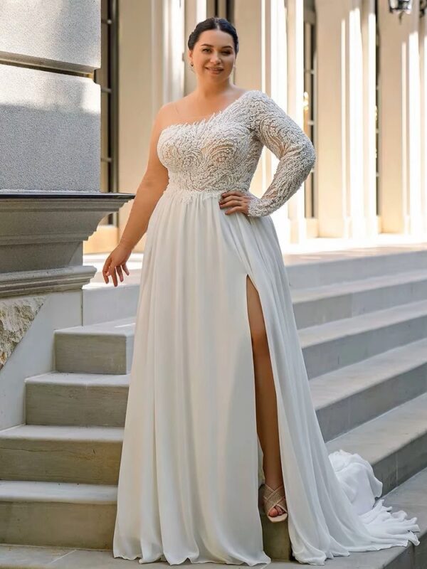 Customized Chiffon Wedding Dresses Plus Size O Neck One Shoulder Bride Gowns Applique Floor Length Front Slit A-Line Robe De